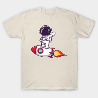 Astronaut Standing On Rocket Cartoon T-Shirt